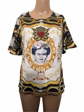 Sitting Pretty Frida Kahlo Embellished Graphic Top Baroque Print Blouse